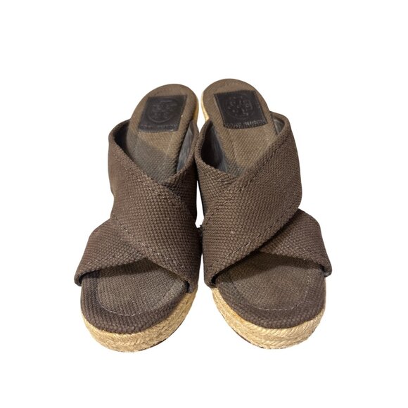 Tory Burch 6 Brown Canvas Cross Strap Espadrille Wedge Sandals Made In Brazil - Picture 3 of 8